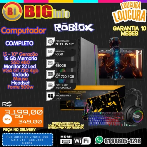 Computador Gamer Intel Core I5 10º Ger. SSD 480GB 16gb Teclado Mouse Monitor 22