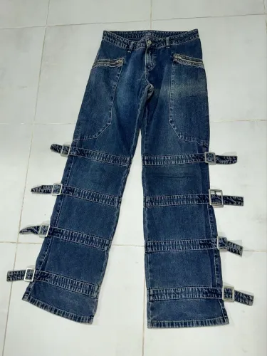 Calça Jeans Y2K Streetwear Com Fivelas E Bolsos Cargo - Vintage Cyberpunk