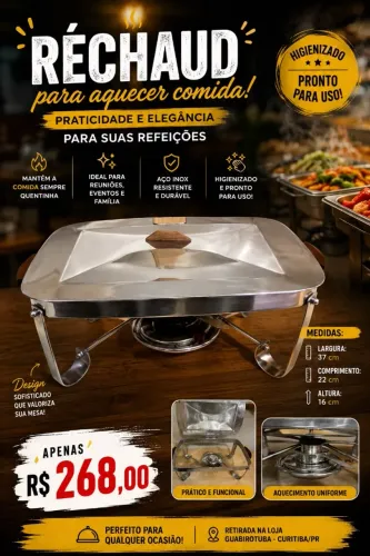 RÉCHAUD EM AÇO INOX PARA AQUECER COMIDA - HIGIENIZADO