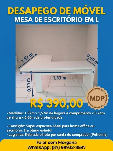 Mesa de Escritório em L em MDP (1,57m x 1,57m) - Petrolina