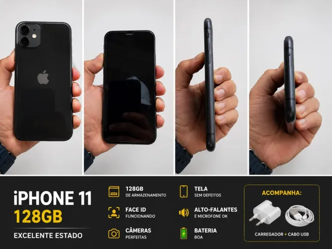 Vendo iPhone 11 de 128GB, em excelente estado de conservação, funcionando perfeitamente.