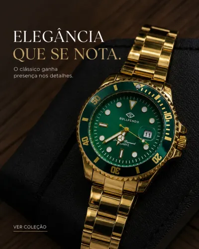 Relógio Masculino Aço Inoxidável Dourado Verde Quartz