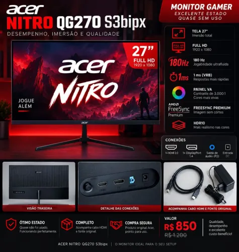 Monitor Gamer Acer Nitro 27" 180Hz 1ms Full HD - Impecável