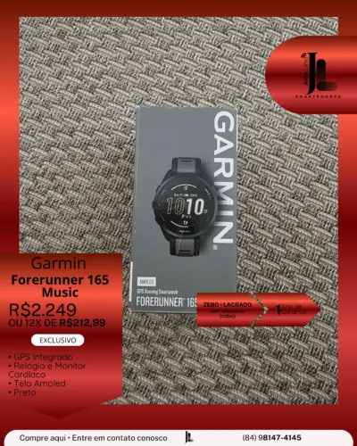 RELÓGIO GARMIN FORERUNNER 165 MUSIC, PRETO, LACRADO, EXCLUSIVO!