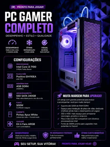 PC Gamer Completo (Somente CPU) | i3-7100 ? SSD 240GB ? 6 Fans ARGB