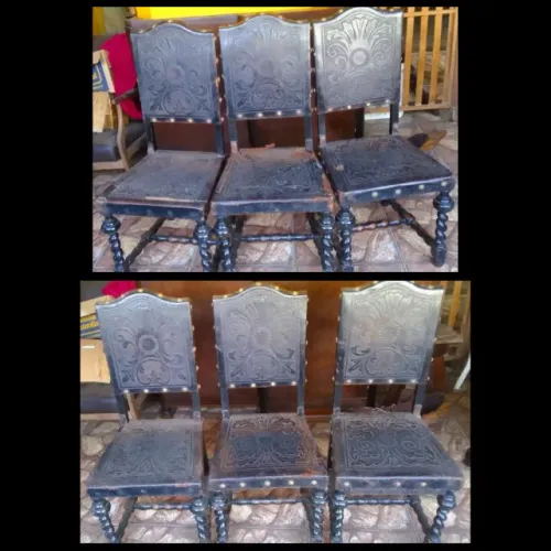 Conjunto Seis Cadeiras Madeira nobre Assento Encosto Couro pirografado estilo manuelino *