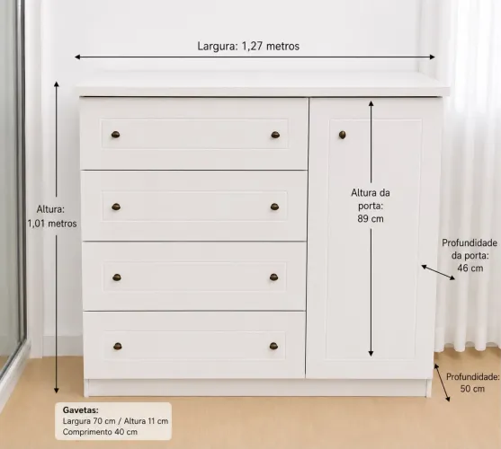 Cômoda Branca 4 Gavetas + Porta - Estilo Moderno