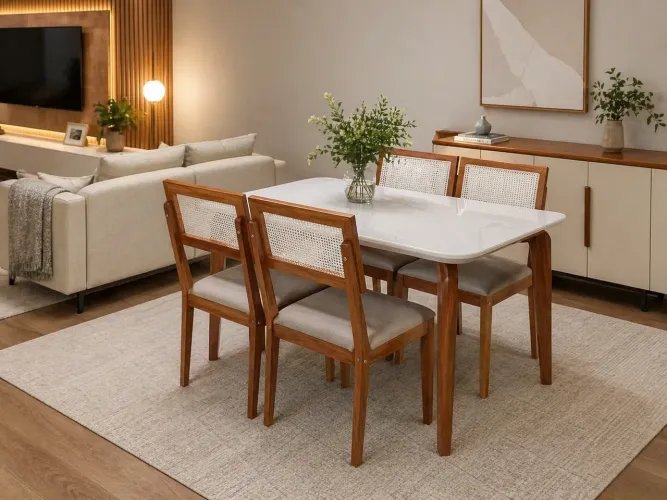 Sala de Jantar Papaia com 04 Cadeiras | Base e Cadeiras em Madeira
