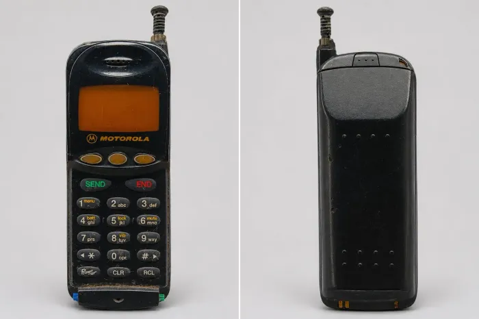 Esse aparelho é um celular vintage da Motorola do final do ano de 1990