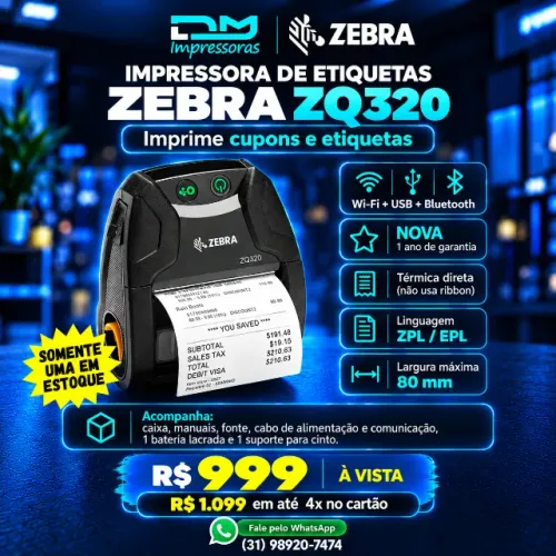 Impressora Térmica de Etiquetas Zebra ZQ320 - 12 meses de Garantia - Instalação Inclusa
