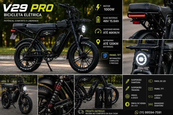 Bicicleta elétrica V29 Pro duas baterias muito mais autonomia