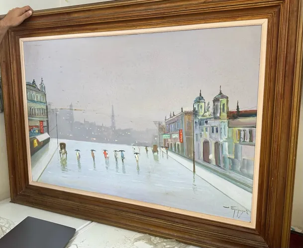 Quadro do artista J. Fernandes - Paisagem Urbana com Moldura de Madeira