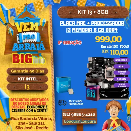 Kit Placa Mae H110 + Processador i3 8100 + 8GB ddr4 - Em ate 10x Fixas