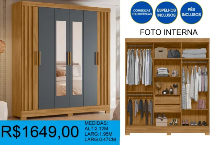 Roupeiro - casal espelho - compre hoje e receba em até 72 horas