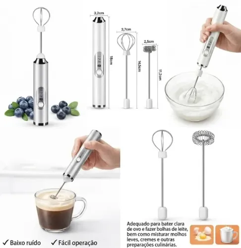 Mixer elétrico 2 em 1 portátil - 3 velocidades - usb - batedor de ovos e espumador de leit