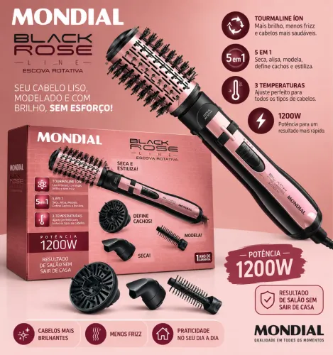 Escova Rotativa Mondial Black Rose 1200W - Usada 1x, Completa