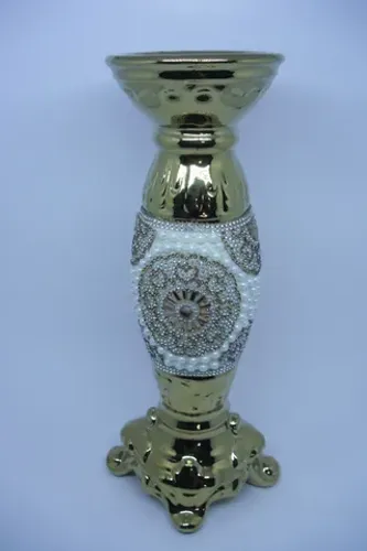 candelabro de ceramica dourado c/pedraria - novo - peça -unica