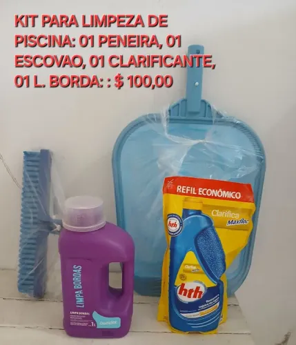 Kit Limpeza Piscina Completo - Peneira, Escovão, Clarificante e Limpa Bordas