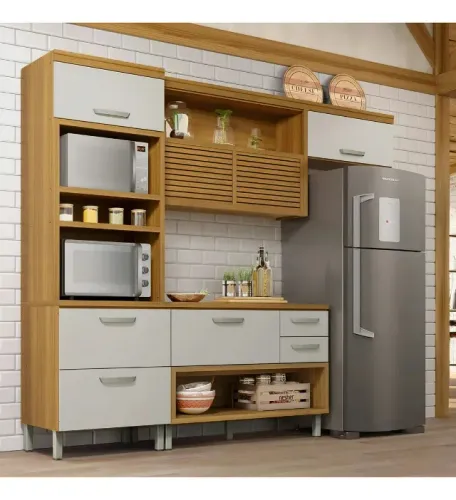Cozinha 3 Peças Modular Ripado Torre Quente Princesa 100% Mdf Nesher Cor Freijo Com Off Wh