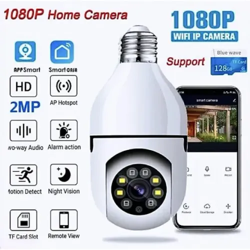 Câmera wifi ip sem fio giratória 360 com encaixe lampada bocal HD visão noturna.