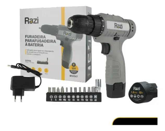 Furadeira e Parafusadeira 3/8 Pol 12V com Bateria 1,3Ah Carregador e Acessórios RAZI-29488