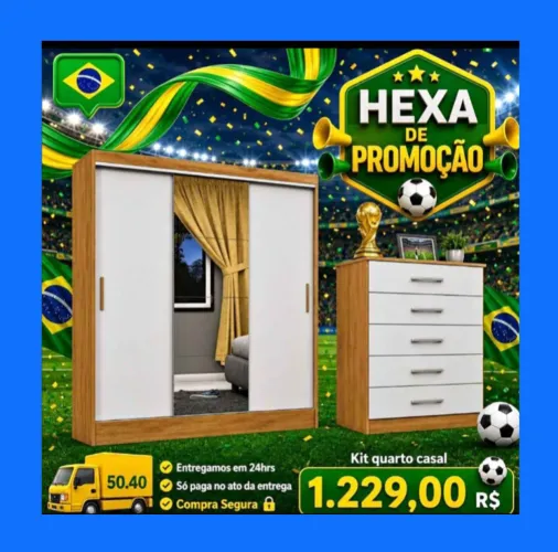 GUARDA ROUPA CASAL ESPELHO+CÔMODA 5 GAVETAS