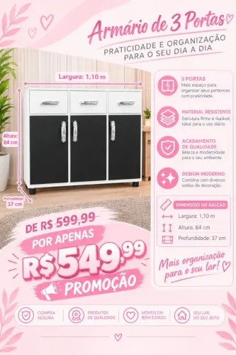 Armário de Cozinha 3 Portas Novo Direto da Fábrica por R$549,99!!