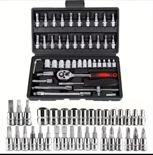 KIT JOGO SOQUETE REZZET 46 PCS<br>ACO CRV 1/4 CATRACA CHAVE COM<br>MALETA COR VERMELHO