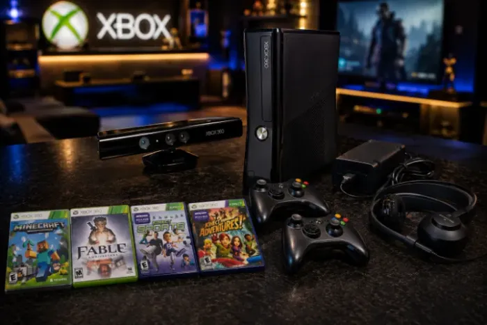 Xbox 360 Super Slim + 2 controles + um Kinect e 4 jogos