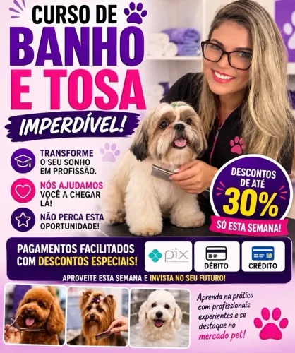 Curso de banho e tosa 30% desconto