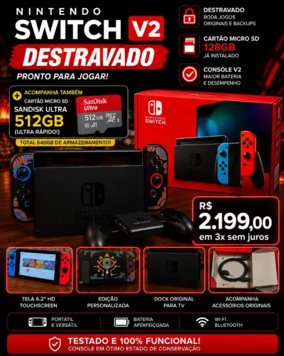 Nintendo switch V2 Destravado + SANDISK ultra de 512GB + 128GB