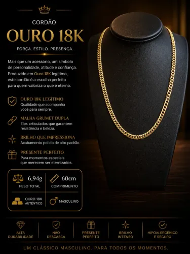 Cordão Ouro 18K Malha Grumet Dupla Masculino - 60cm - 6,94g