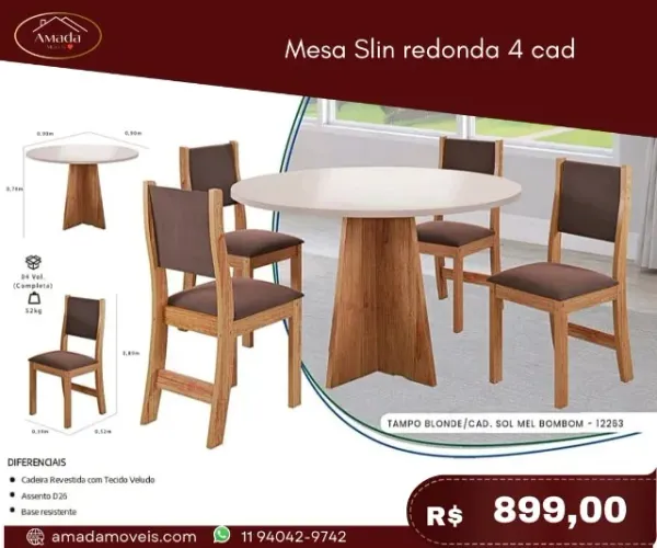 Mesa Slin redonda 4 cadeira, a pronta entrega 