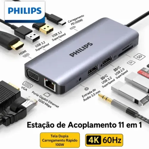 Hub Adaptador Usb-C Philips 11 em 1 4K HDMI 100W Alumínio