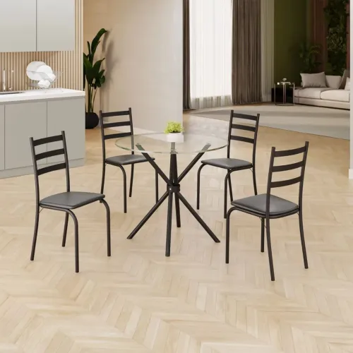 Mesa de Cozinha 4C Maraba Redonda Com Vidro Preto Fosco <br><br>