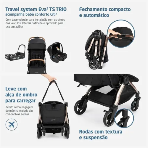 Carrinho de Bebê Maxi-Cosi Eva 3 + Bebê Conforto City 2 (Travel System)