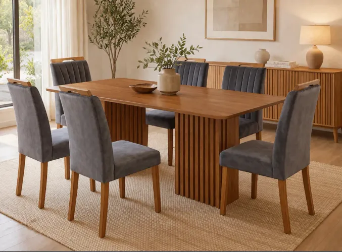 Mesa de Jantar Elegante com Detalhes Ripados