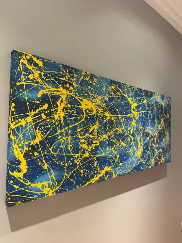 Quadro decorativo abstrato azul e amarelo 150 x 64 cm