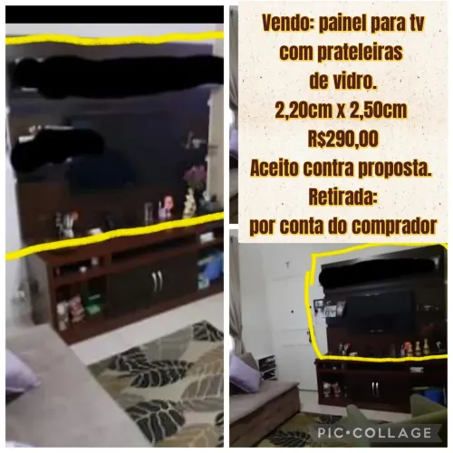 Painel para TV com prateleiras de vidro