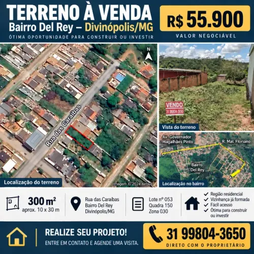 TERRENO À VENDA - BAIRRO DEL REY - DIVINÓPOLIS/MG - R$ 55.900,00 - VALOR NEGOCIÁVEL