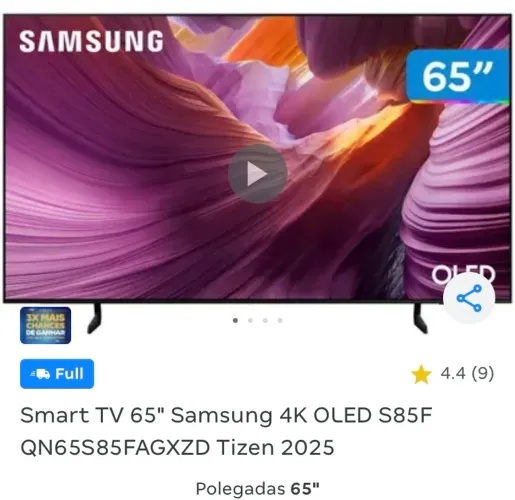 Smart TV 65" Samsung 4K OLED S85F QN65S85FAGXZD Tizen 2025