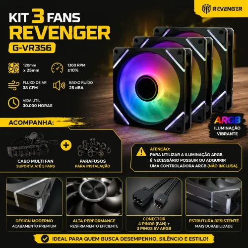 Kit 3 Fans Revenger ARGB + Cabo Multi Fan p/5