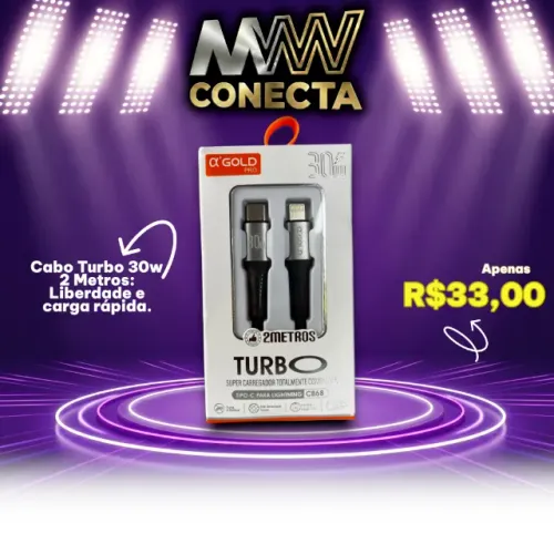 Cabo 30W, 2 Metros Tipo-C p/ Lightning ou Tipo-C p/ Tipo-C)