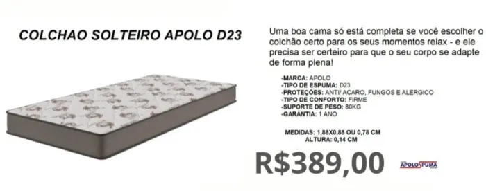 COCLHÃO SOLTEIRO D23 A PRONTA-ENTREGA