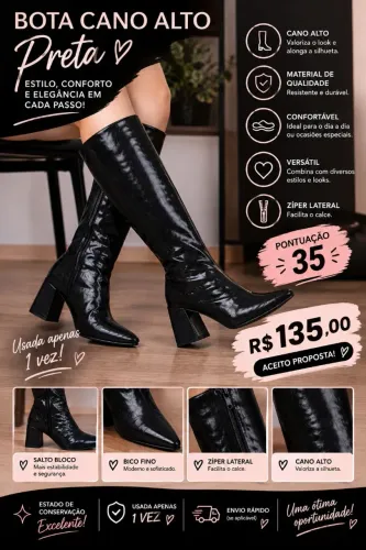 Bota preta de cano alto, linda e super estilosa! ?