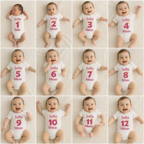 Lotinho de bodys mesversario do 1 até 12 meses com o nome Sofia