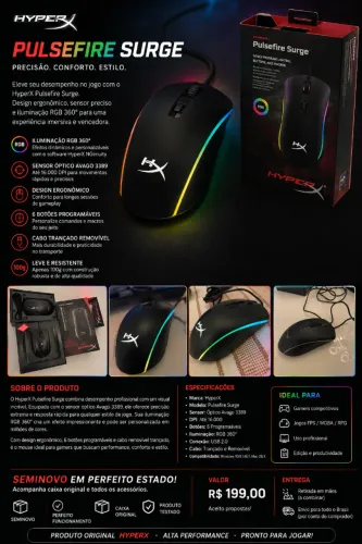 Mouse Gamer HyperX Pulsefire Surge RGB - Seminovo | Caixa Original