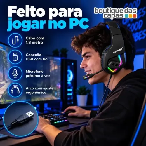 FONE DE OUVIDO HEADPHONE C FIO PARA Pc PS4 Gamer Microfone Jogos Lef-1209 ( CABO USB)