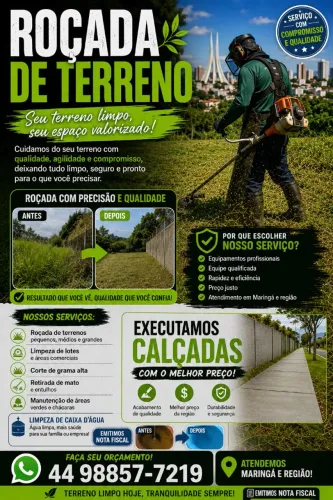 Roçada de terreno, limpeza de caixas d agua, e calçadas.