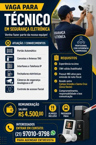 VAGA PARA TÉCNICO DE SEGURANÇA ELETRÔNICA